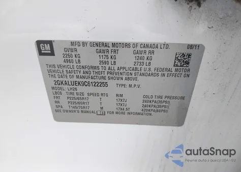 2012 GMC Terrain Slt-1 z USA, uszkodzony, nr VIN 2GKALUEK9C6122255